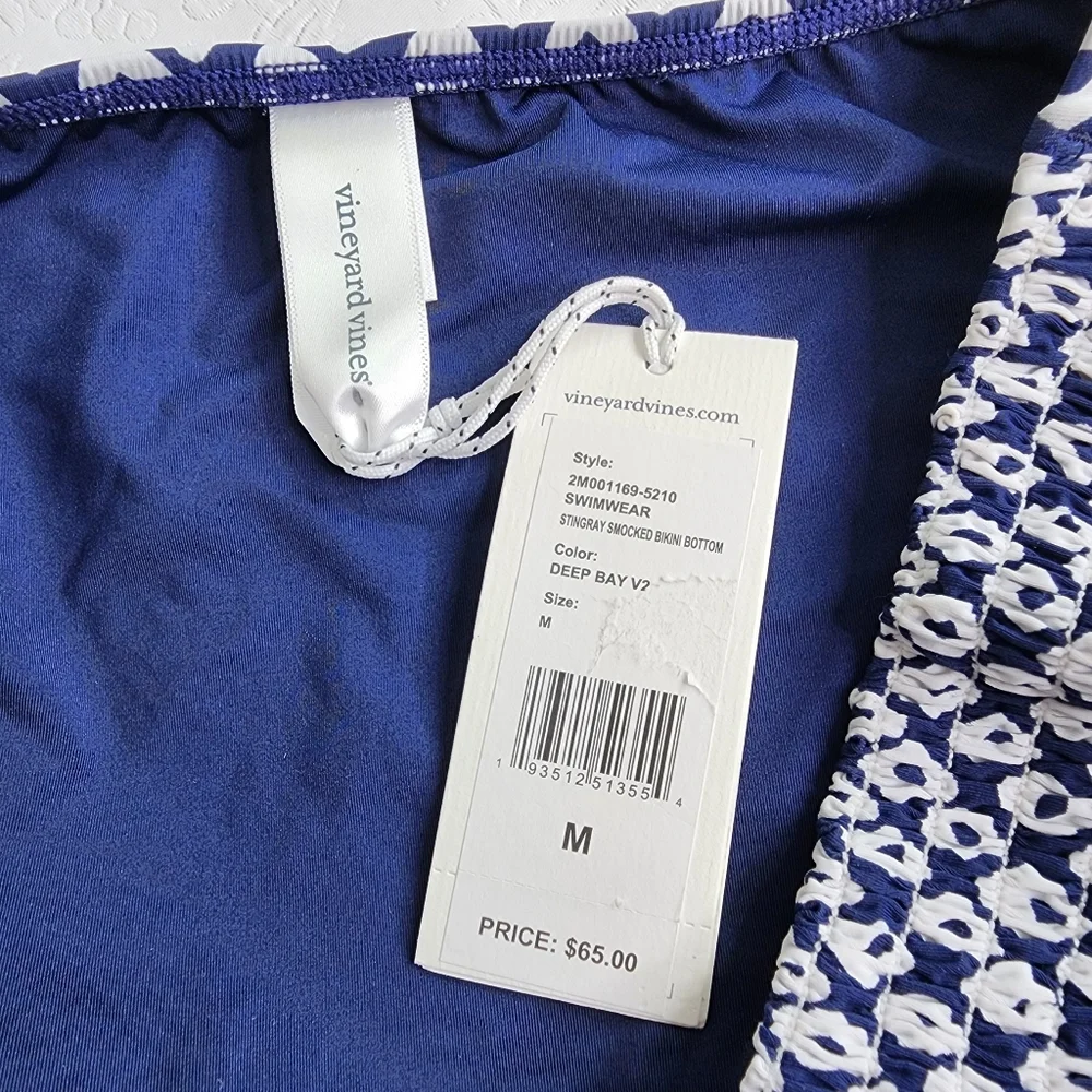 Vineyard Vines Stingray Smocked Bikini Bottom Deep Blue & White Size Medium NWT